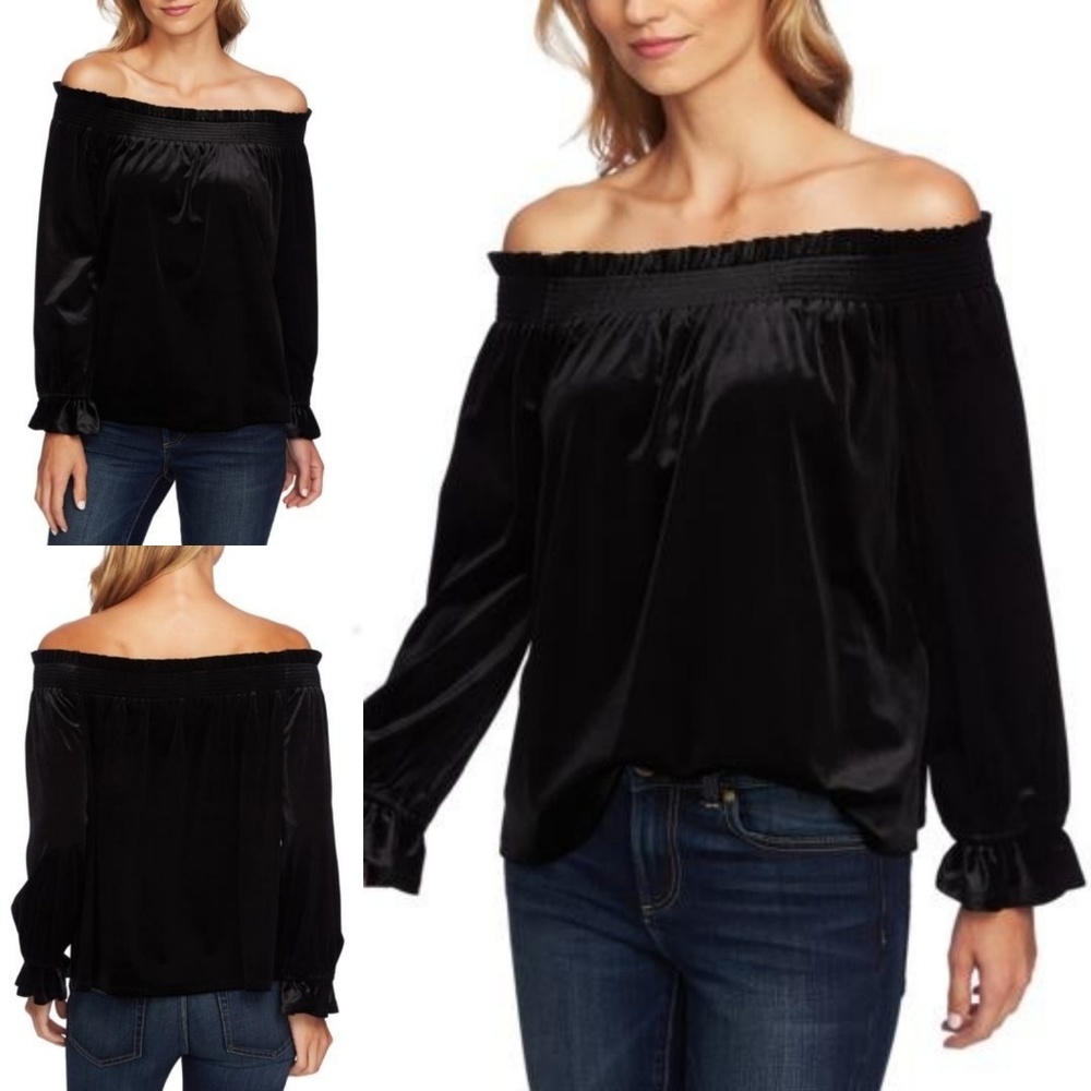CeCe Off Shoulder Smock Velvet Long Sleeve Blouse